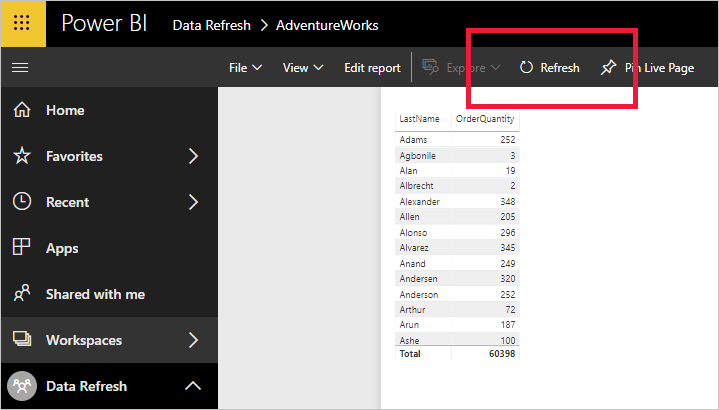 Refresh report visuals