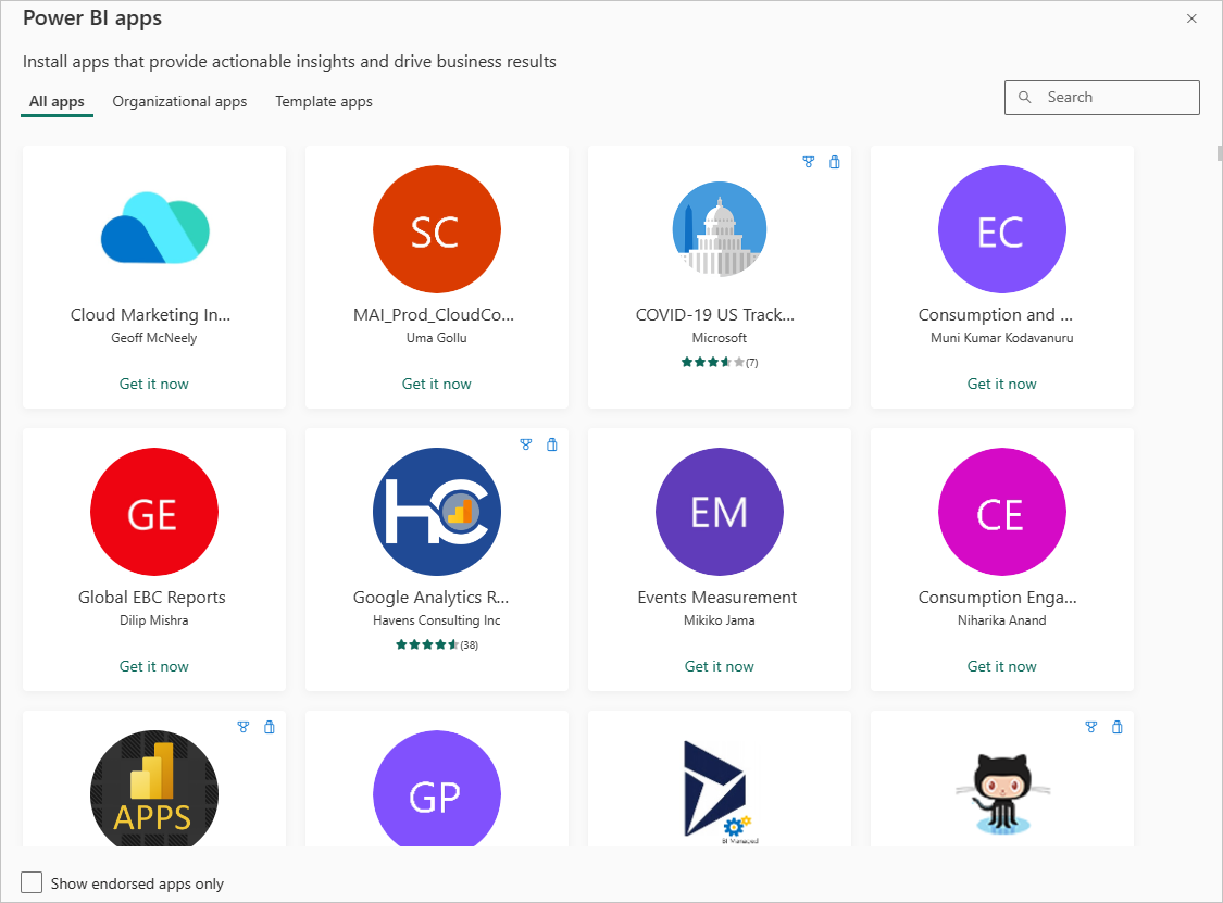 Screenshot shows Power BI apps that you can get.