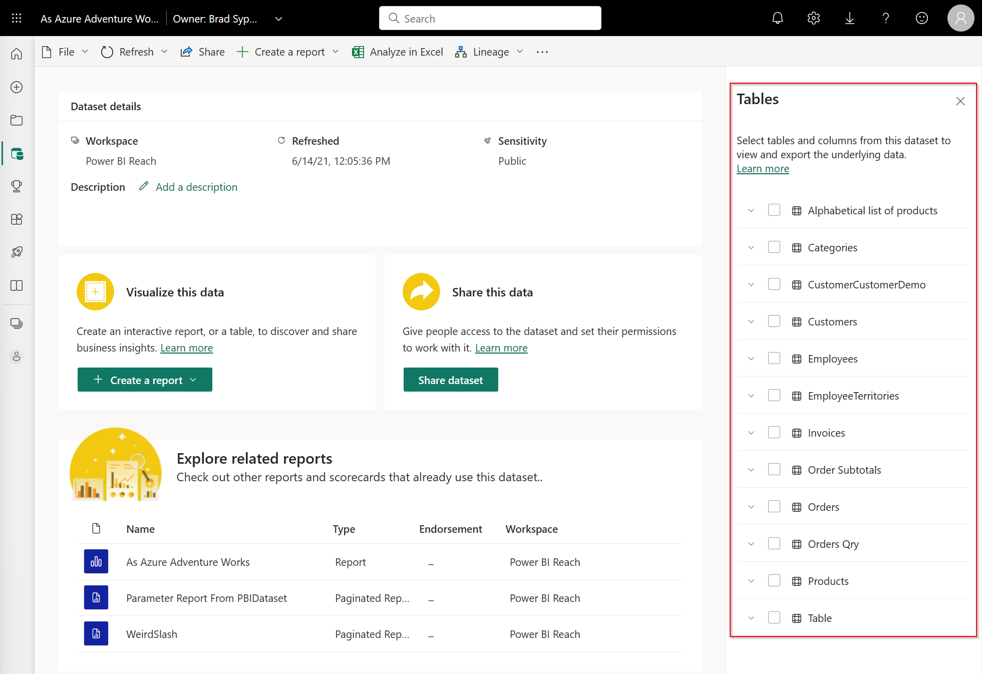 Screenshot of the Tables side panel on the semantic model details page.