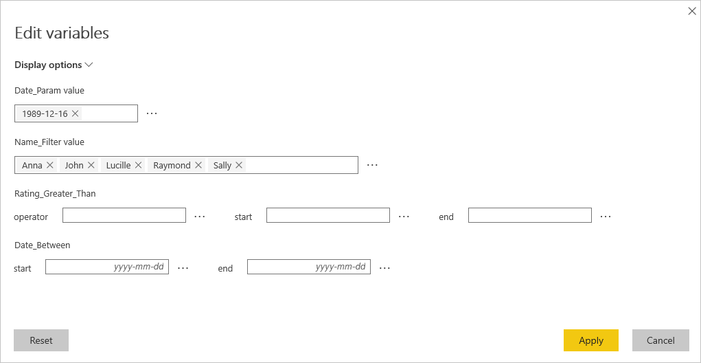 Screenshot that shows the Edit variables dialog box in the Power BI service.