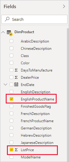 Screenshot of the Fields pane with the EnglishProductName and ListPrice fields highlighted.