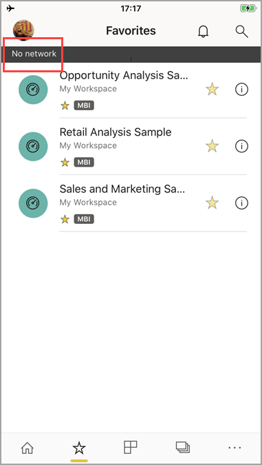 Screenshot that shows Power BI mobile app with 'No network' message.