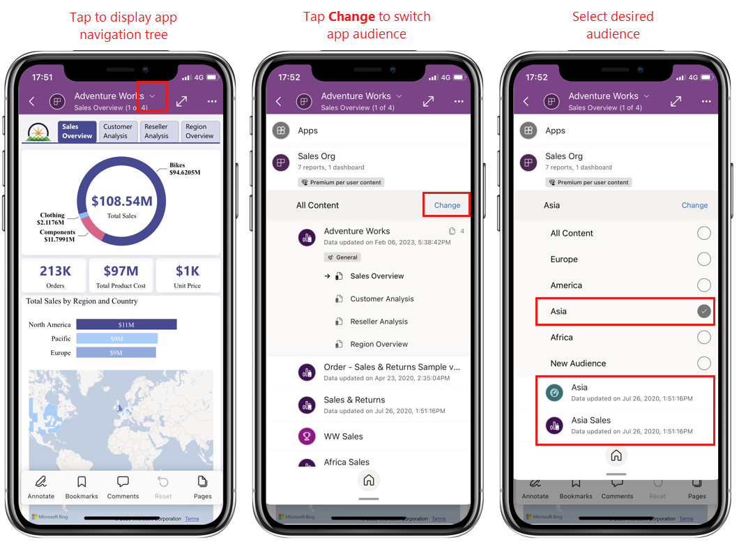 Illustration of switching app audience on the Power BI mobile app.