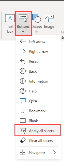 Screenshot showing Add an Apply all slicers button control in Power BI Desktop.