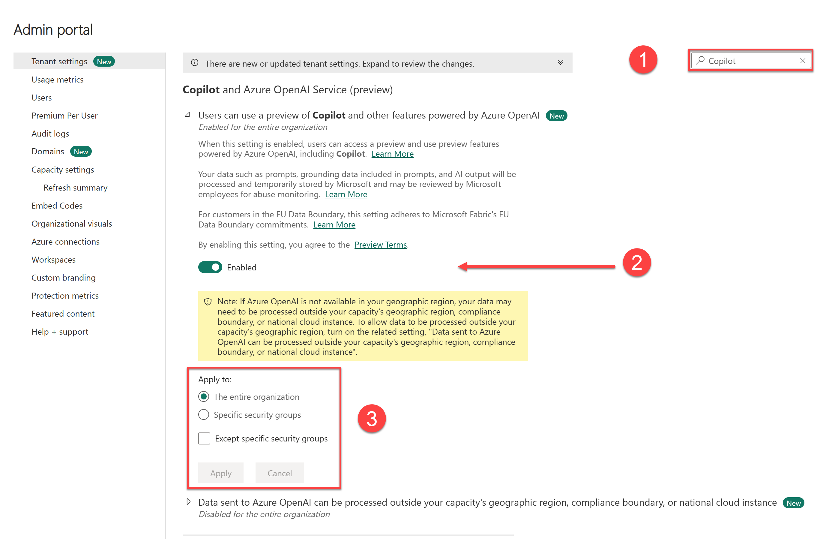 Screenshot of Copilot settings in the Fabric Admin portal.