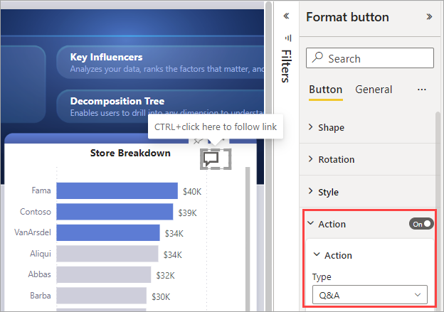 Screenshot showing a Q&A button in Power BI.