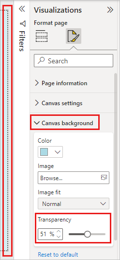 Screenshot of the Visualizations pane, highlighting the Canvas background settings for a dotted border with a transparency greater than 50%.