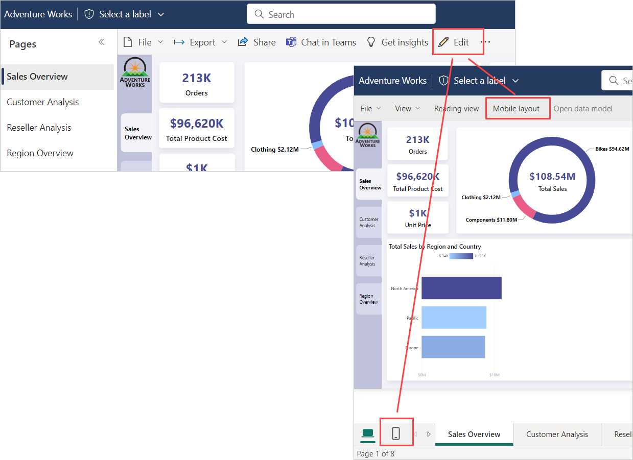 Screenshot showing the layout switcher in the Power BI service