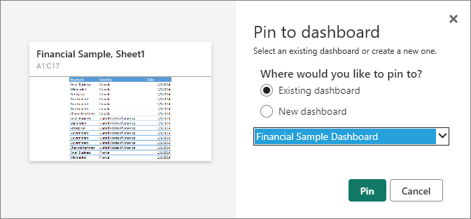 Screenshot showing the Pin to dashboard dialog.