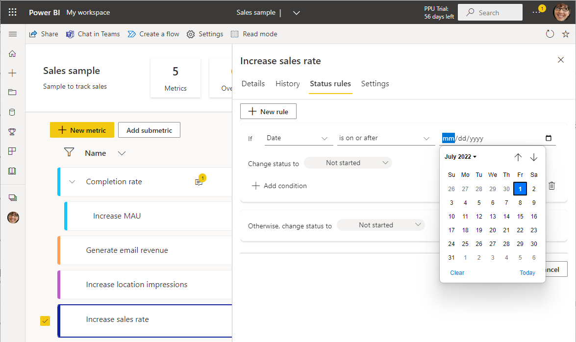 Screenshot Showing date picker for date driven rule.