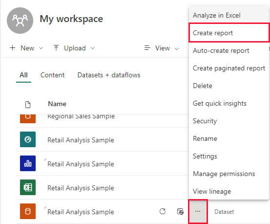 Screenshot of My workspace, highlighting more options and Create report.