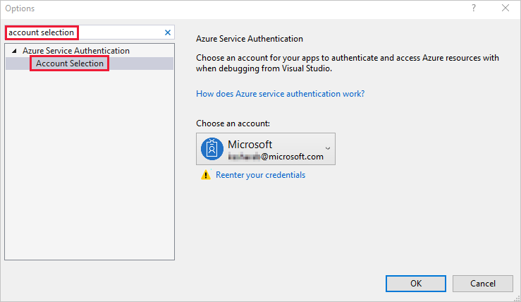 Screenshot of the Visual Studio Options window, which shows the highlighted Account Selection option in the search results.