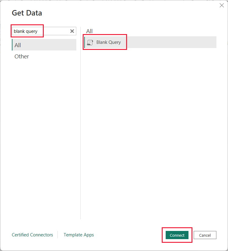 A screenshot highlighting the blank query option in the get data window in Power B I Desktop.