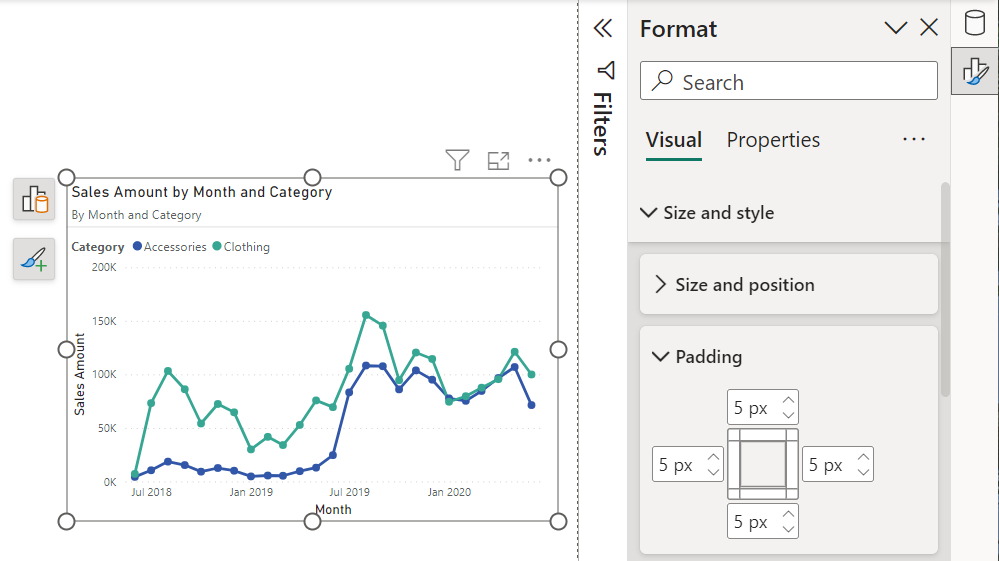 Screenshot showing setting padding in the Format pane.