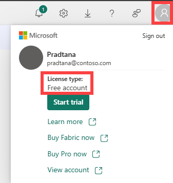 Screenshot of your Power BI Account manager with your icon and license type outlined in red.