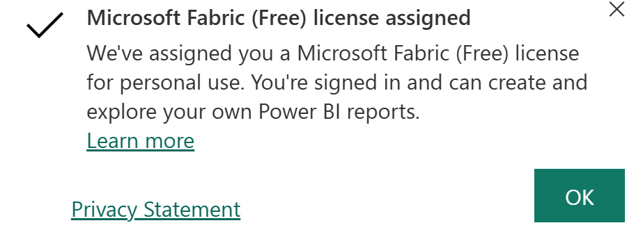 Screenshot of screen confirming Fabric (Free) license assigned to you.