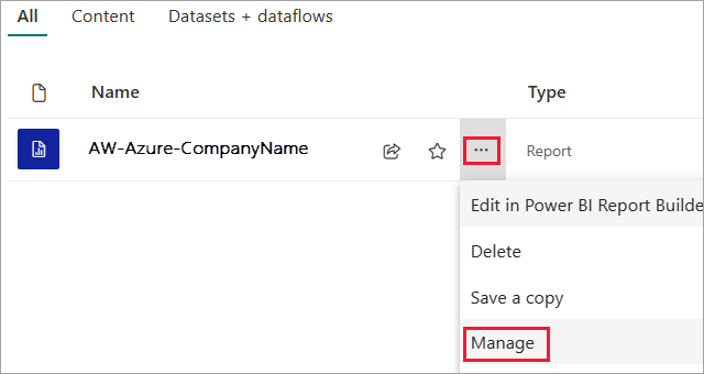 Screenshot showing where to select Manage to manage your report.