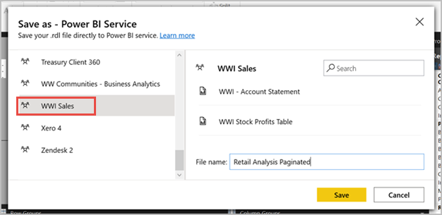 Screenshot showing Save as to the Power BI service.