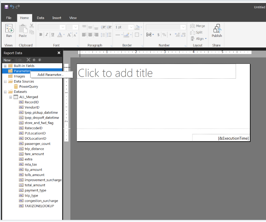 Screenshot showing add parameter in Power BI Report Builder.