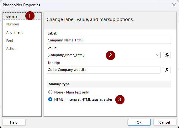 Screenshot showing Placeholder Properties dialog box.