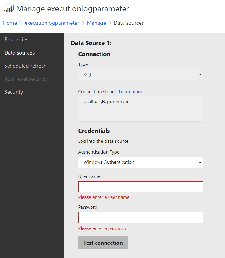 The data source management page.