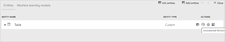 Screenshot highlighting the Incremental Refresh Action for a table.