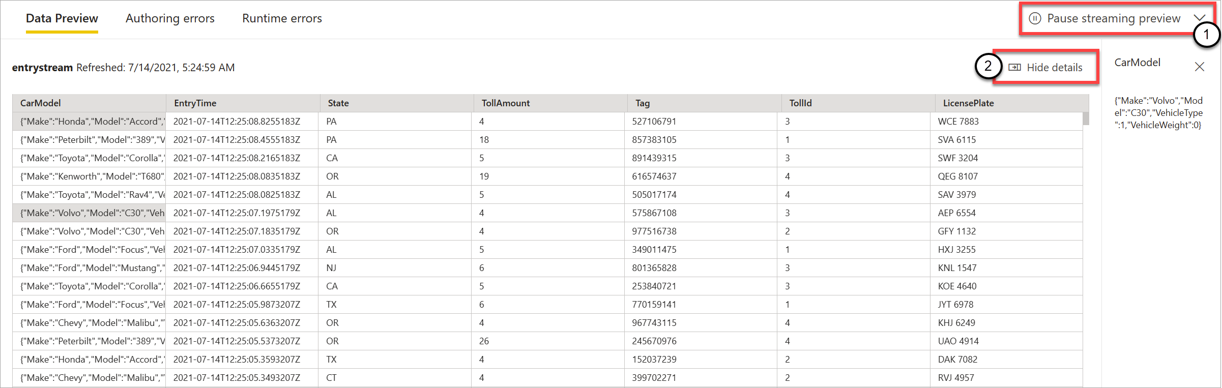 Screenshot that shows a live data preview with the pause and show or hide options highlighted.