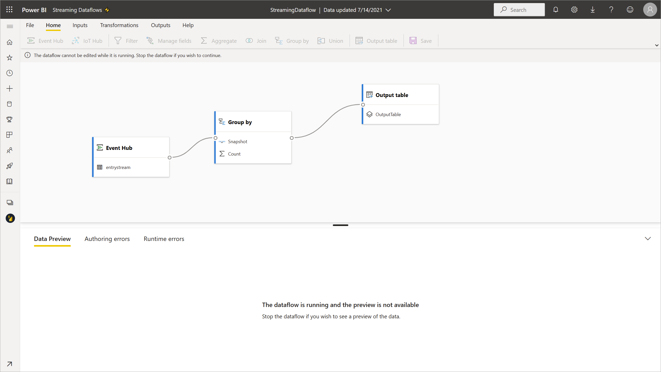 Screenshot that shows the disabled data preview when a streaming dataflow is running.