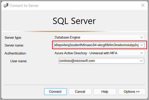 Screenshot of the S Q L server connect to server window.