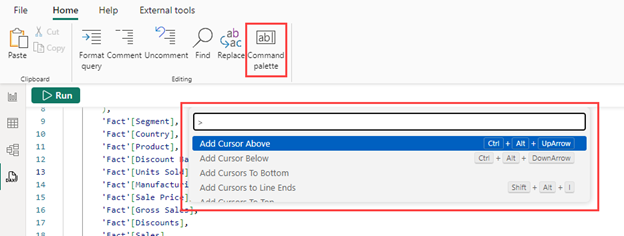 Screenshot of the DAX query view command palette.