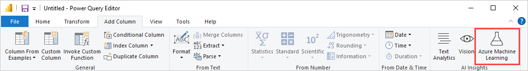 Screenshot shows the Azure Machine Learning button in the Power Query Editor.