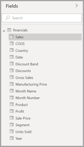 Screenshot of the original Model view Fields list in Power BI Desktop.