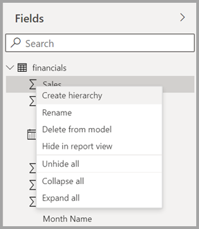 Screenshot of the new context menu for a field in Power BI Desktop.