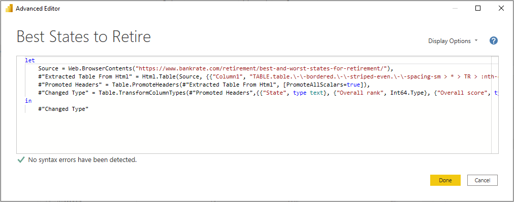 Screenshot of Power BI Desktop showing the Advanced Editor dialog box.