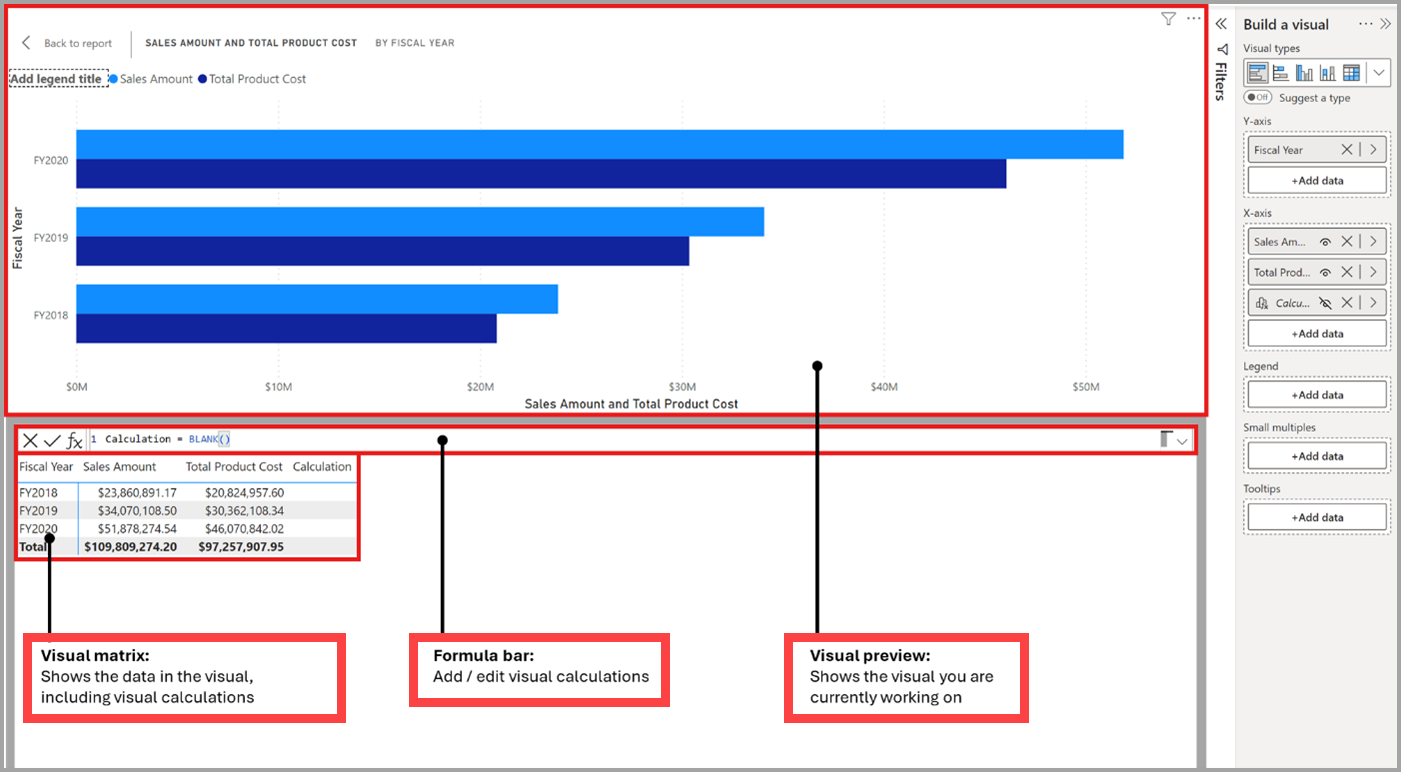 Screenshot showing areas of the visual calculations edit screen.