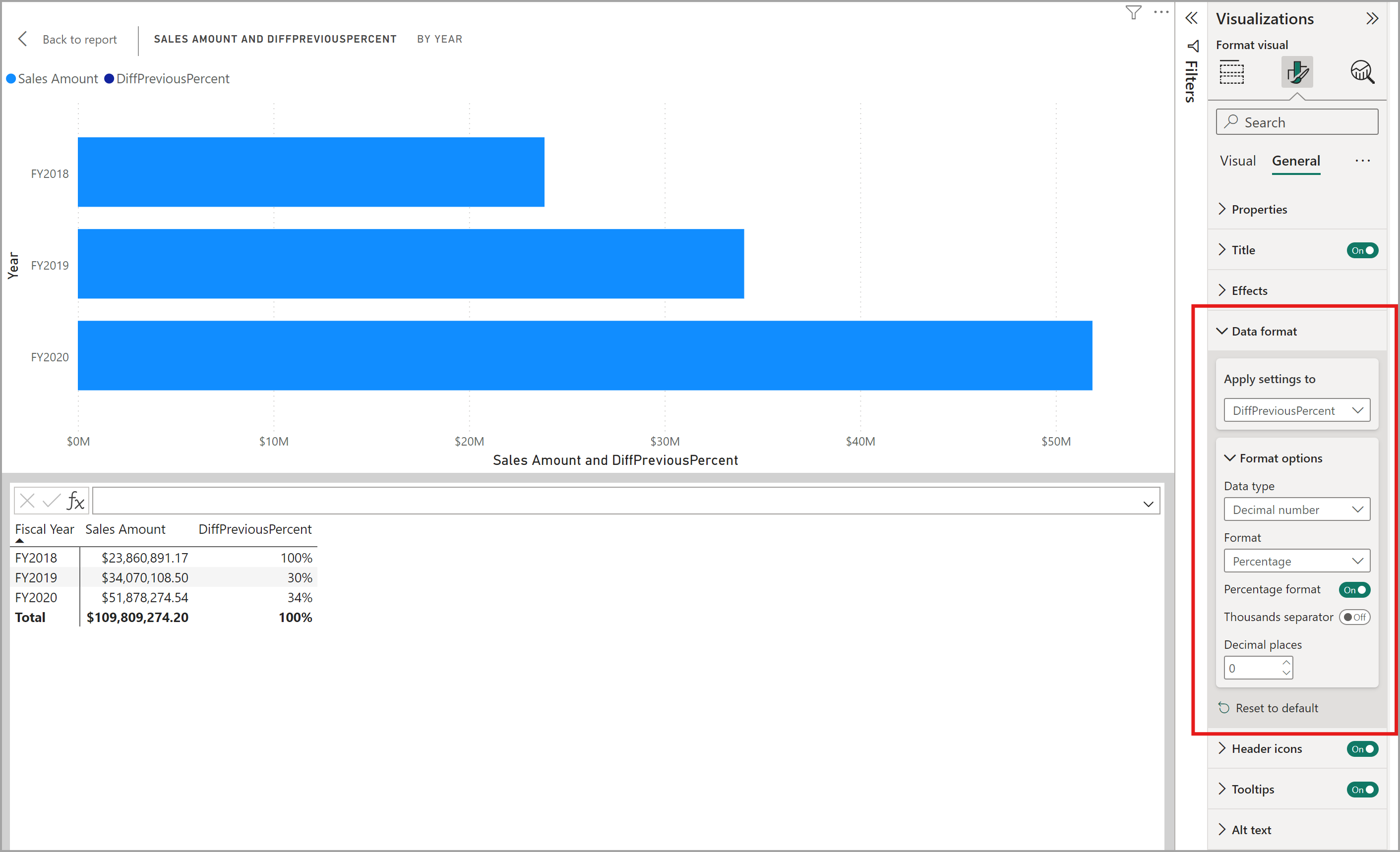 Screenshot of the visual calculations edit mode showing a visual calculation that returns a percentage formatted as a percentage.