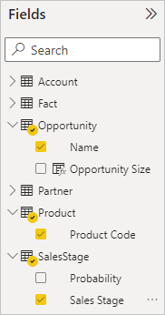 Screenshot showing the selection of the Name, Product Code, and Sales Stage fields.