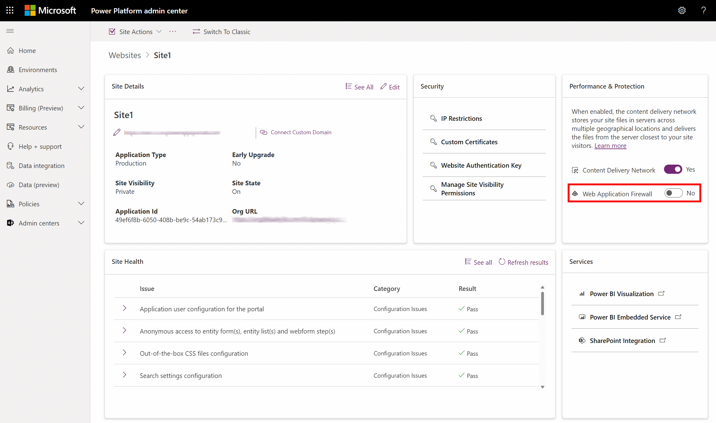 The Enable Web Application Firewall toggle disabled inside design studio.