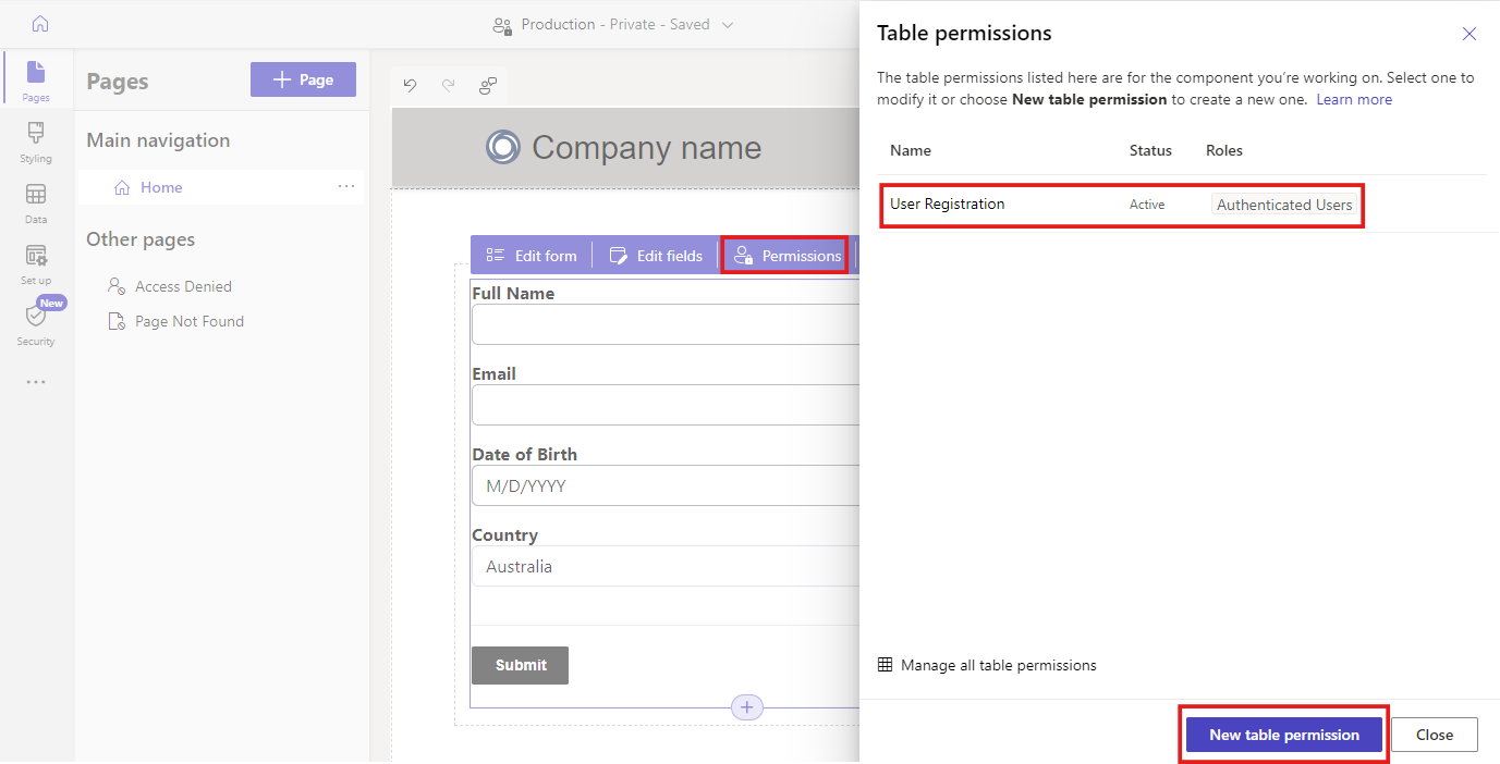 Adding a table permission from a form in the design studio.