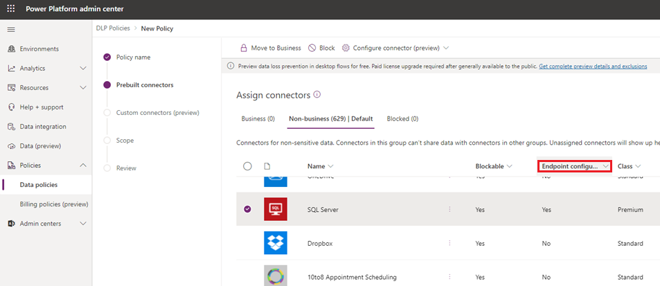 Endpoint configurable in the Prebuilt Connectors page.