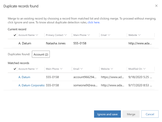 Screenshot of dialog box showing duplicate records found.