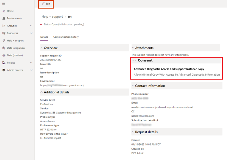 Screenshot of a support request with consent information highlighted.