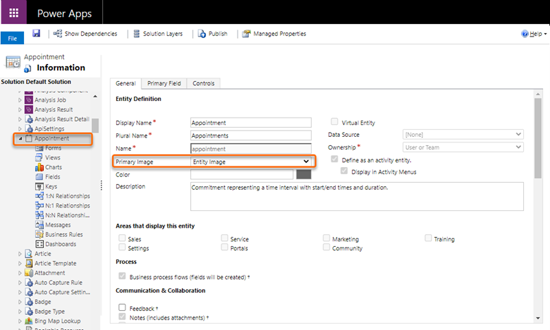 Entity Image is added to the Primary Image field for the Appointment entity.
