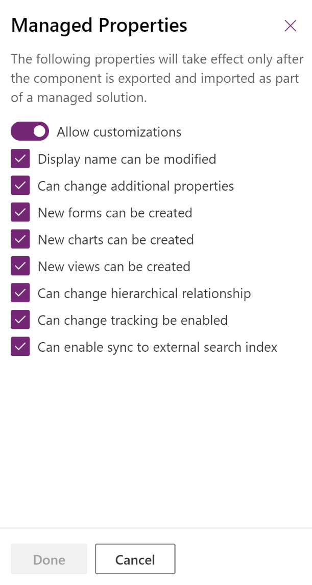 Managed properties pane