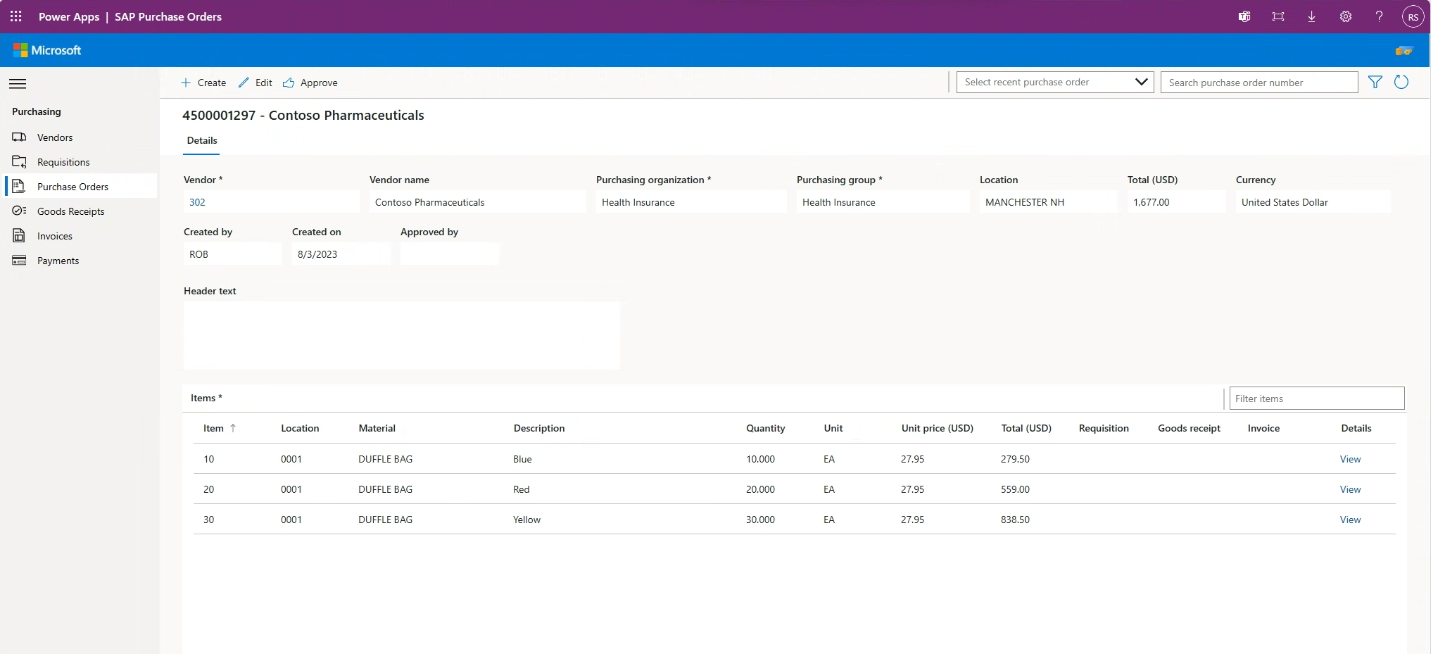 Image of Microsoft's SAP Procurement purchase order app for Power Platform.