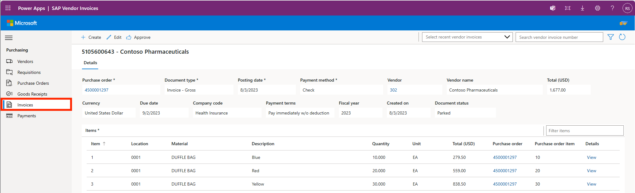 Image of Microsoft's SAP Procurement purchase order app for Power Platform.