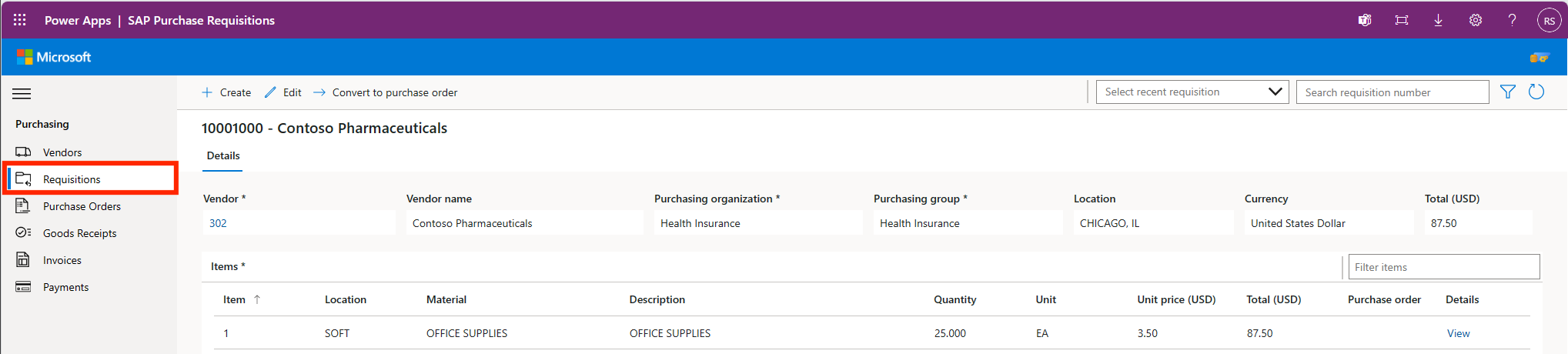 Image of Microsoft's SAP Procurement requisition app for Power Platform.