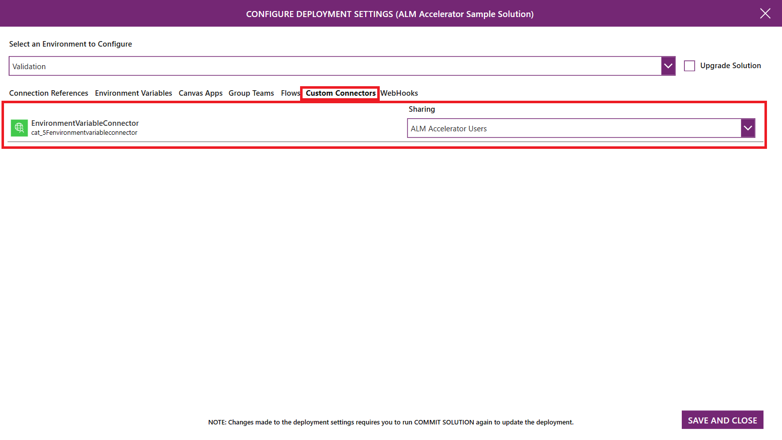 Screenshot of Custom Connectors configuration in the ALM Accelerator.