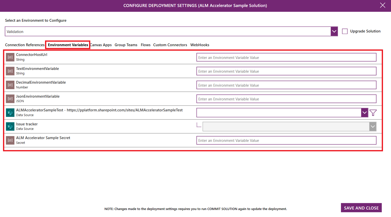 Screenshot of Environment Variables configuration in the ALM Accelerator.