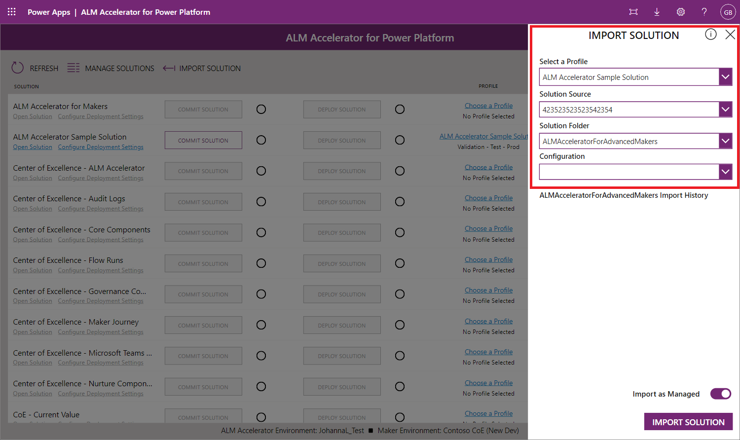 Screenshot of importing a solution from a branch in Azure DevOps.